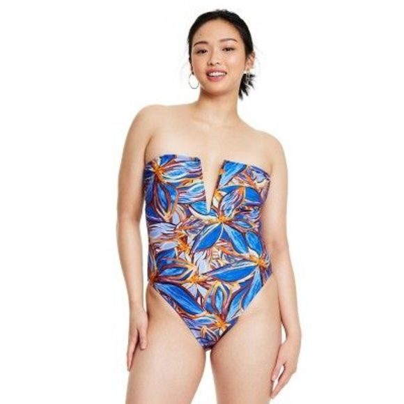 Women's Leafy Palm Print Deep V-Neck High Leg Cheeky One Piece Swimsuit - F - Picture 3 of 5